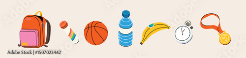Set of various colorful sports icons. Backpack, vitamins, water, medal. Classic sports elements for training. Hand drawn trendy Vector illustration. Isolated elements