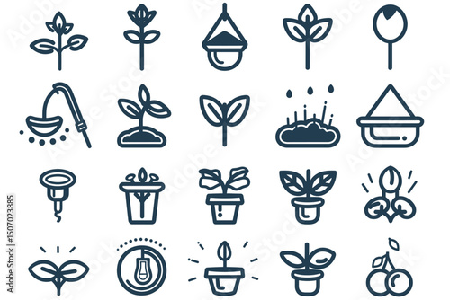 Plants line icons. Mint leaf, Growing plants and Humidity thermometer icons. Bottle with mint water, Nature care, leaf on hand. Gardening new flower, environment, water drop and thermometer. Vector
