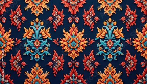 Bold, large-scale damask pattern with rich color palette , sophisticated, tapestry