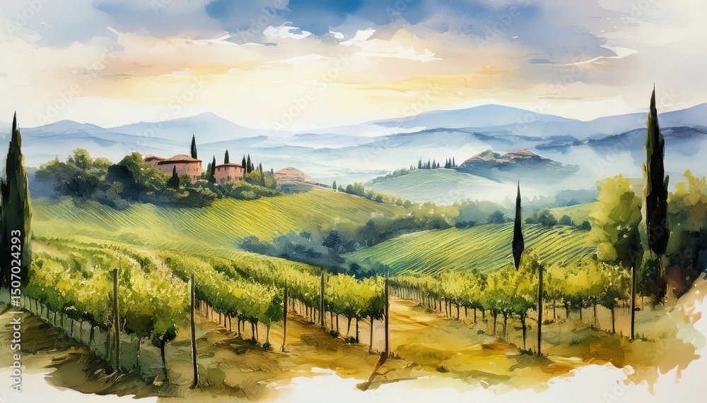 Naklejka premium misty tuscany vineyard landscape serene watercolor painting countryside view