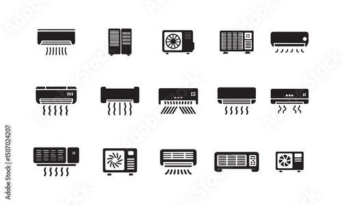 Set of black silhouette icons representing different types of air conditioning units on white