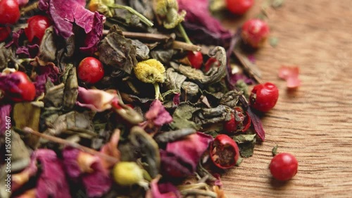 Green herbal flower tea with chamomile, hibiscus and red peppercorns on wooden table. Macro shot. Rotation