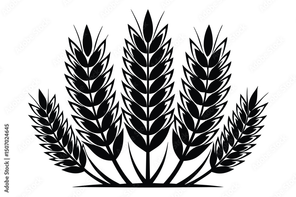 Black and White Illustration Featuring a Symmetrical Arrangement of Wheat Stalks or Barley Black and White Illustration Featuring a Symmetrical Arrangement of Wheat Stalks or Barley