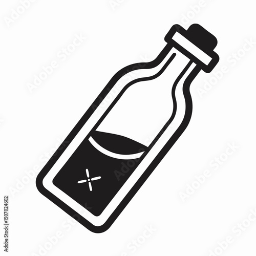 Simple black and white illustration of a filled glass bottle.