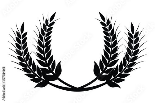 Wheat Laurel Wreath Illustration in Black Silhouette Style with Two Crossed Stems and Leaves