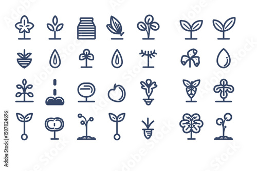 Plants line icons. Mint leaf, Growing plants and Humidity thermometer icons. Bottle with mint water, Nature care, leaf on hand. Gardening new flower, environment, water drop and thermometer. Vector