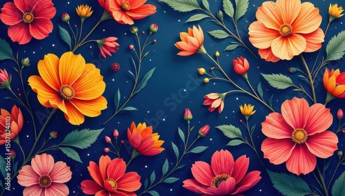 Abstract floral tapestry, vibrant hues, repeating design , retro, abstract, contemporary