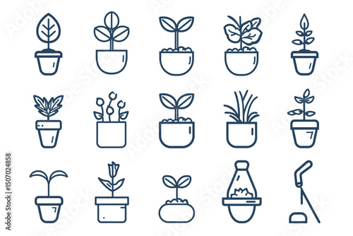 Plants line icons. Mint leaf, Growing plants and Humidity thermometer icons. Bottle with mint water, Nature care, leaf on hand. Gardening new flower, environment, water drop and thermometer. Vector