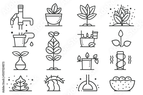 Plants line icons. Mint leaf, Growing plants and Humidity thermometer icons. Bottle with mint water, Nature care, leaf on hand. Gardening new flower, environment, water drop and thermometer. Vector
