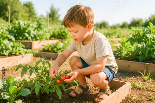 A young boy carefully harvests fresh red cherry tomatoes from a lush green plant in a bright outdoor garden bed, highlighting healthy eating and connecting with nature