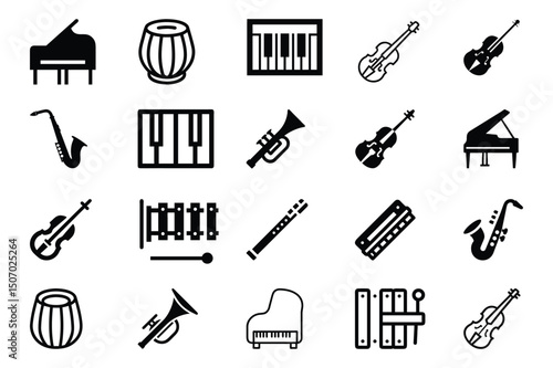 Set of musical instuments Guitar,Violin,Viola,Cello,Double Bass,Drum Set,Snare Drum,Bass Drum,Piano,Keyboard,Saxophone,Flute icon vector illustration on white background.