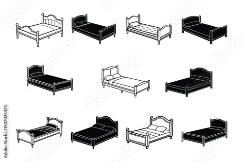  Set of bed,bedroom furniture line art, silhouette vector illustration on white background.
