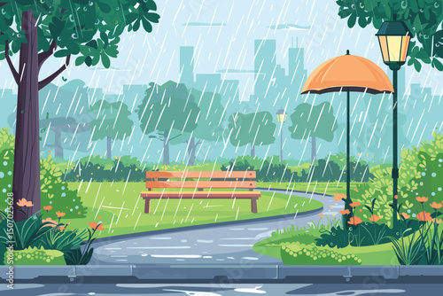 Rainy park with gloomy cityscape background. Vector cartoon illustration of public garden landscape with bench, lantern and trees, water puddle on alley, lightning in sky above modern urban buildings.