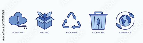 Eco Cycle Icon Set Isolated Vector With Icon Of Pollution, Organic, Recycling, Recycle Bin, Renewable In Blue Style
