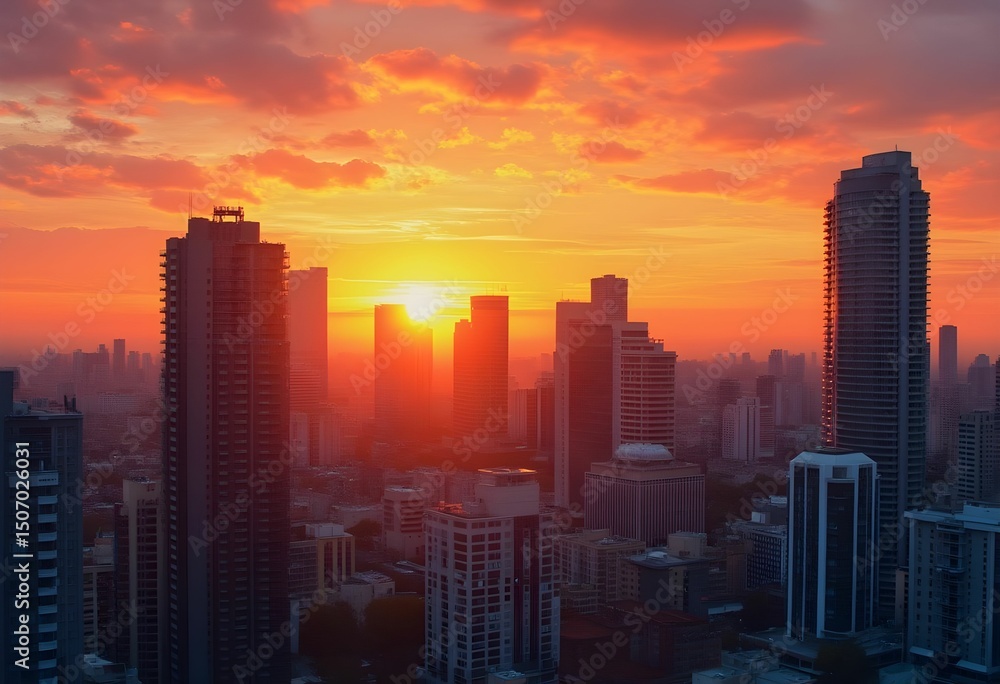 Fototapeta premium Urban Skyline at Sunset's Fiery Embrace