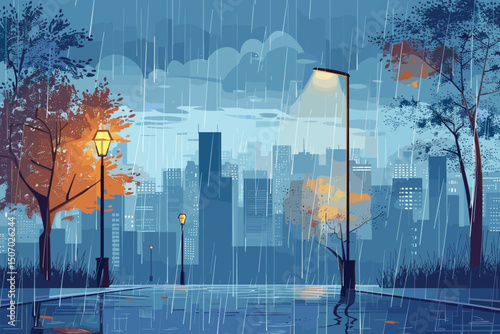 raining empty street road with crossroad and traffic light city buildings skyline modern architecture cityscape background.