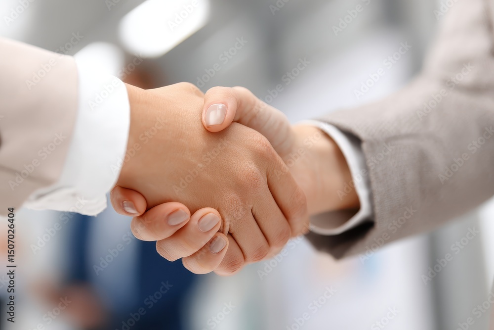Business Professionals Engaging in a Firm Handshake in Modern Office Setting Business Professionals Engaging in a Firm Handshake in Modern Office Setting