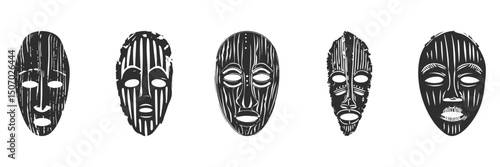 African Tribal Masks Silhouette Set. Cultural Heritage And Traditional Art Representation. Isolated Vector Illustration Collection