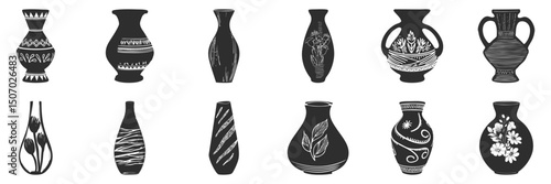 Decorative Vase Silhouette Set. Artistic Pottery Designs With Floral And Geometric Patterns Isolated Vector Illustration Collection