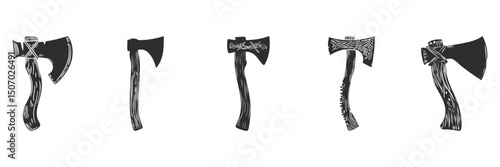 Viking Axes Silhouette Set. Traditional Nordic Weaponry And Design Elements Isolated Vector Illustration Collection