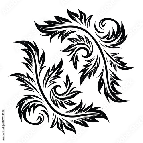 Decorative Black Foliage with Golden Accents and White Background Pattern Ornament