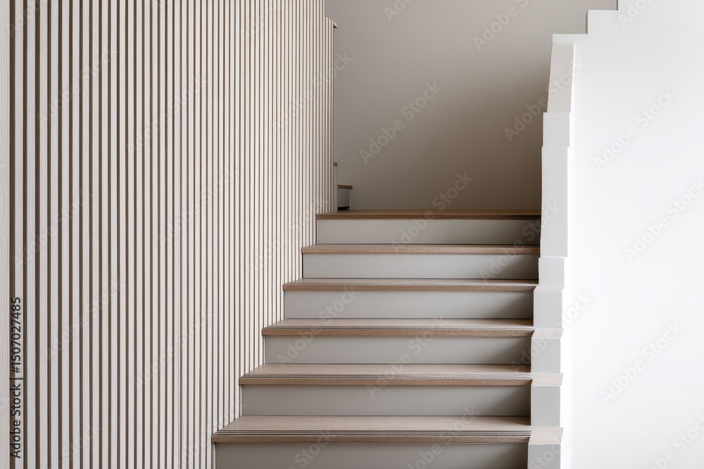 Fototapeta premium Elegant Minimalist Staircase with Wooden Steps and Vertical Wall Panels