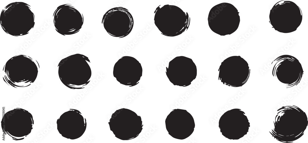 Fototapeta premium Collection of yellow rough brush strokes. Artistic chinese or japanese calligraphy blots. Hand drawn texture grunge circles, round rough shapes. Vector seal and ink stamps. Yellow symbols of sun.