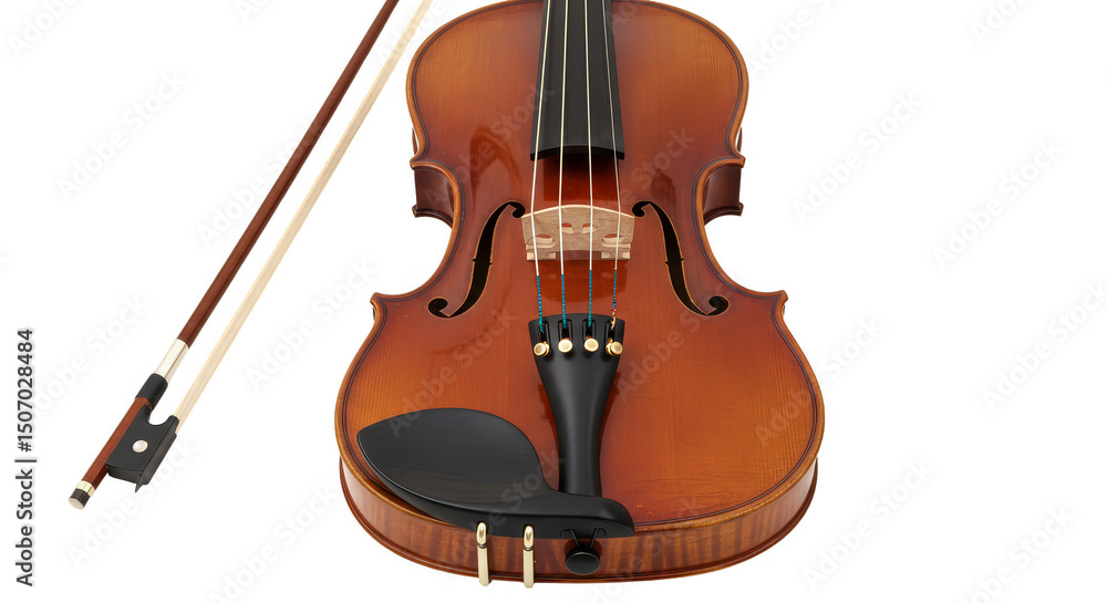 Fototapeta premium Isolated Orchestral Violin with Bow Classical Stringed Instrument Brown