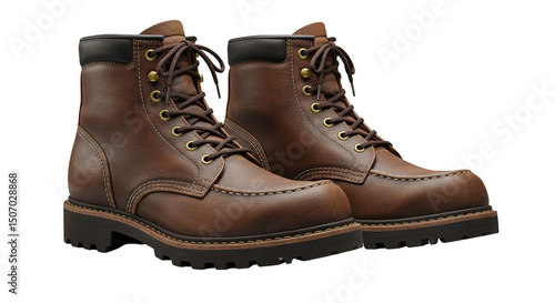 Isolated Pair of Brown Leather Boots Fashionable Footwear on Transparent