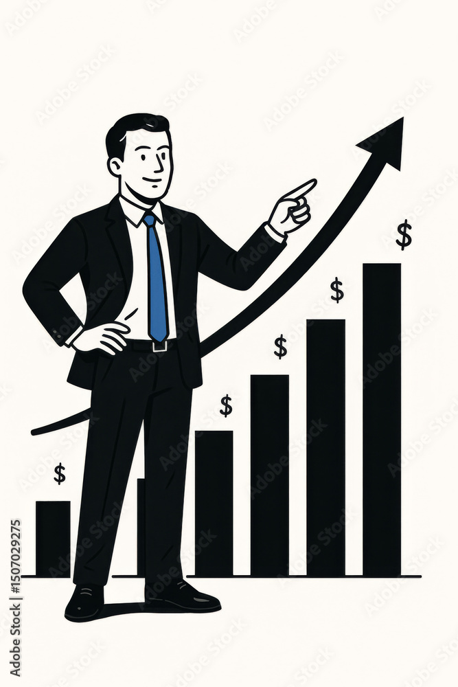 Businessman pointing upward arrow financial growth success profit chart. Revenue increase investment analytics. Business strategy data visualization corporate achievement Businessman pointing upward arrow financial growth success profit chart. Revenue increase investment analytics. Business strategy data visualization corporate achievement