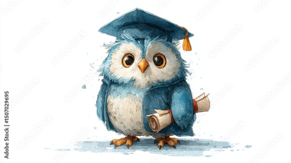 Fototapeta premium Cute Blue Owl Graduation Illustration