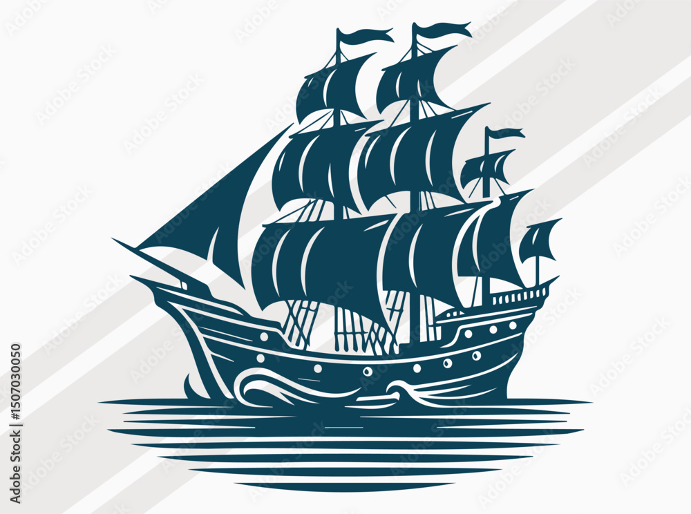 Naklejka premium Ancient Ship Silhouette in Black, Nautical Vector Art of Vintage Sailing Ship