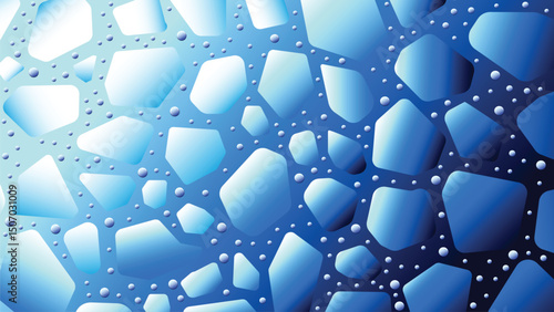 This image presents a contemporary blue mosaic pattern resembling shattered or stained glass with floating bubbles. Ideal for use as a wallpaper, digital background