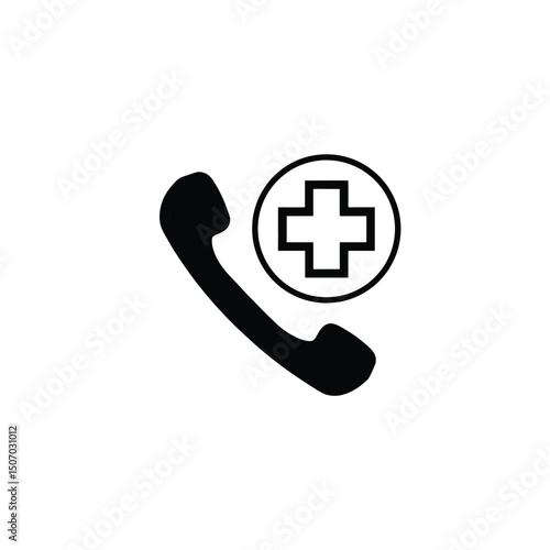 Silhouette of phone with medical cross for emergency medical hotline on white background