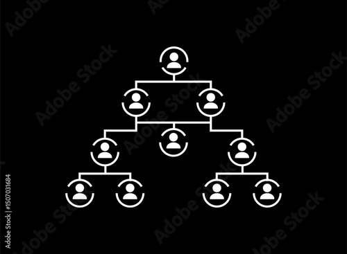 White organizational chart icon on black background representing corporate structure, teamwork roles, and company management in a clean vector style