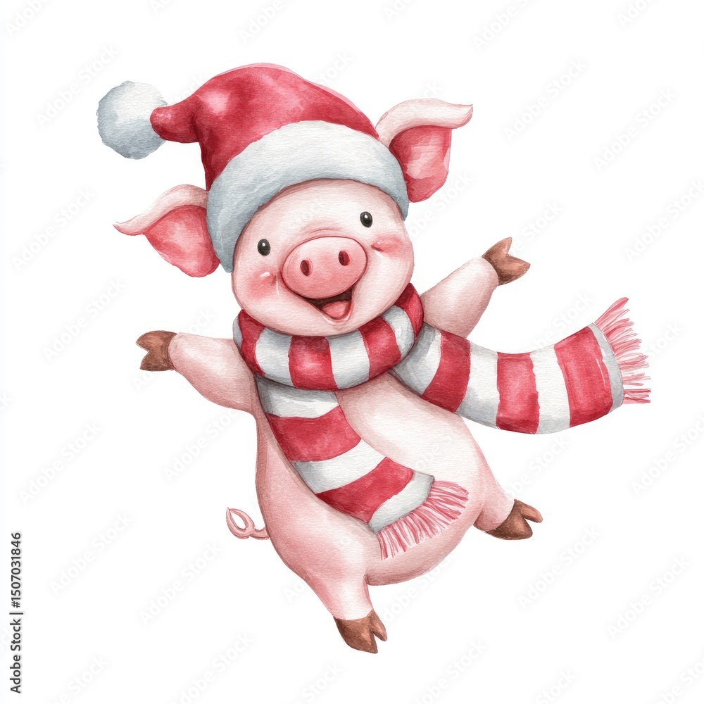 Fototapeta premium Happy Piglet in Santa Hat and Scarf Joyfully Jumping Watercolor Illustration