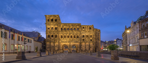 Porta Nigra at sunset showcasing ancient Roman architecture in Trier, Germany