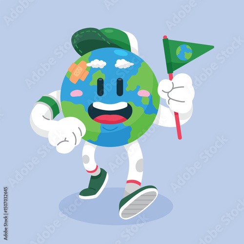 Happy Earth Mascot Holding Flag Celebrating Earth Day