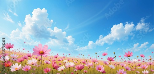 Cosmos and Autumn Landscape Background Image, Season, Plant, Nature, Flower, Banner Texture Poster Advertising, Illustration