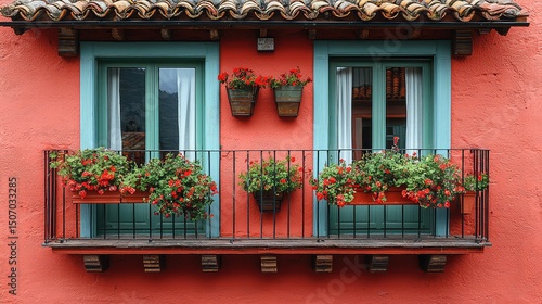 A pair of teal-colored double doors on a coral-colored building.