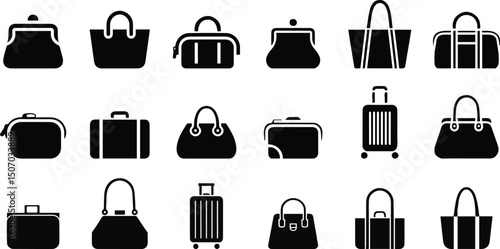 Silhouette Icons of Handbags and Luggage – Travel and Fashion Bag Vector Set.