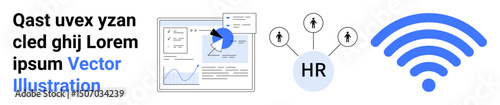 Data analysis dashboard with charts, HR represented with networking icons, and a wireless network symbol. Ideal for technology, HR management, analytics, connectivity, cloud computing, business