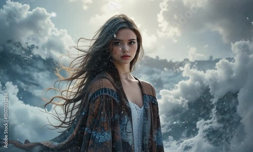 Beautiful woman with clouds background