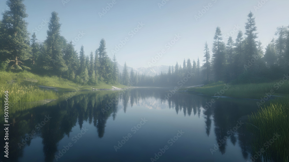Peaceful lake reflecting pine trees and a clear sky, creating a calming nature scene Peaceful lake reflecting pine trees and a clear sky, creating a calming nature scene