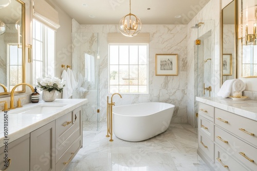 Luxurious marble bathroom design with freestanding tub modern home interior photography elegant ambiance aesthetic viewpoint wellness concept