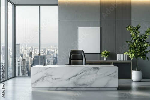 Sleek minimalist office space with marble desk in high-rise building modern interior design urban view professional environment