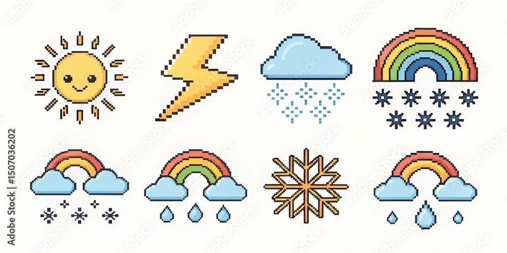 Fototapeta premium Pixel Art Weather Icons – 8-bit Forecast Symbols on White Background 