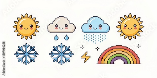 Pixel Art Weather Icons – 8-bit Forecast Symbols on White Background
