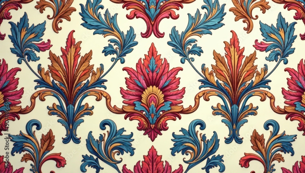 Intricate floral damask pattern, elegant swirls and leaves , ornamental, tapestry Intricate floral damask pattern, elegant swirls and leaves , ornamental, tapestry