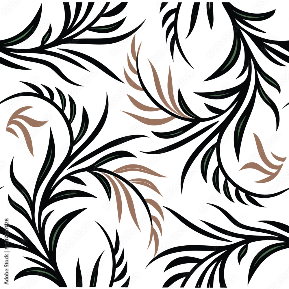 Fototapeta premium Seamless Pattern Stylized Vines with Black and Brown Foliage, White Background